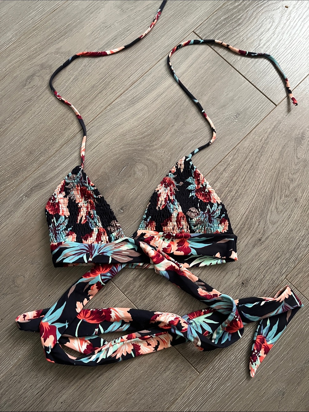 Tori Praver Swimwear Black Floral Waist WrapTriangle Bikini Top